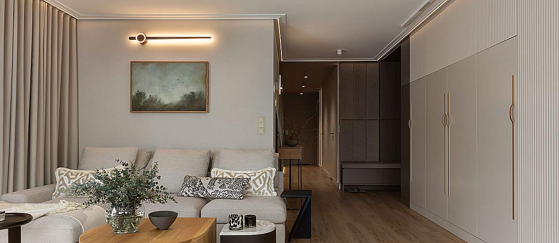 W tonacji taupe. Apartament na skraju Trójmiejskiego Parku Krajobrazowego 

