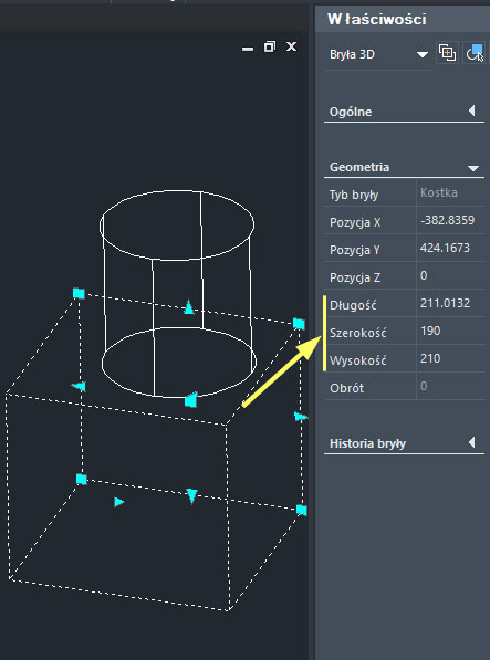 zwcad10 parametry bryly z paska wlasciwosci